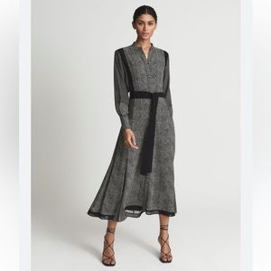 NWOT Reiss Mixed Print Tanis Mixed Print Midi Dress in Black, size 2.